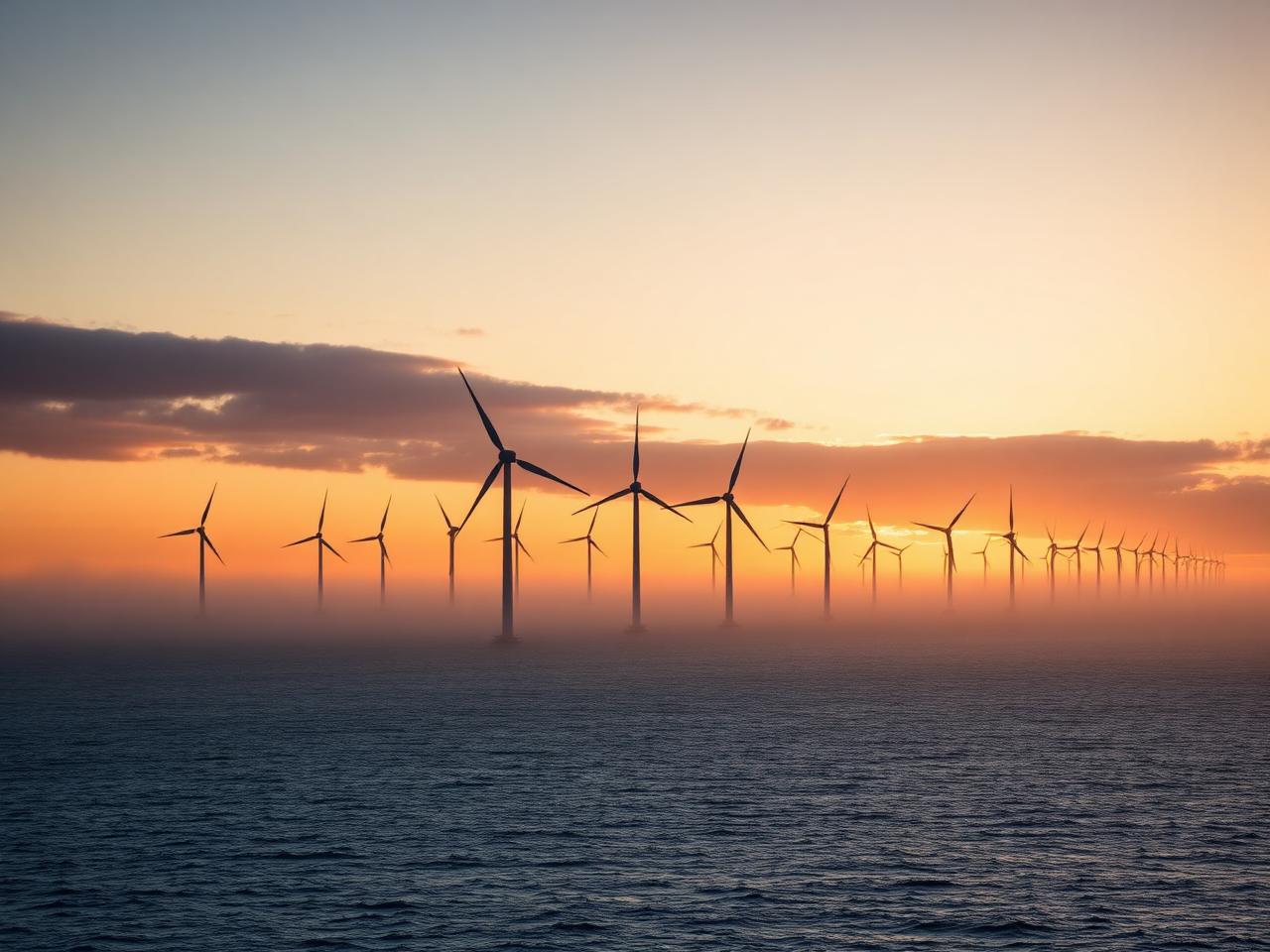 Offshore windpark op de Noordzee bij zonsondergang